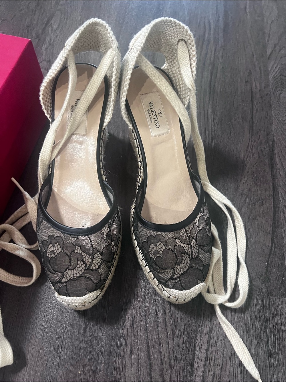 Valentino Black Lace Espadrille Wedges with Cream Ties